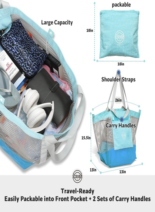 STOVER Large Mesh Beach Bag, Vacation, Pool, Shopping, & Travel Tote - Foldable w/Storage Pockets for Women, Men & Families, Blue, Large - Image 4