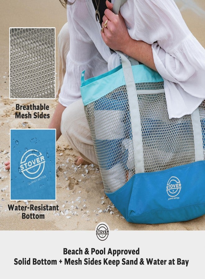 STOVER Large Mesh Beach Bag, Vacation, Pool, Shopping, & Travel Tote - Foldable w/Storage Pockets for Women, Men & Families, Blue, Large - Image 3