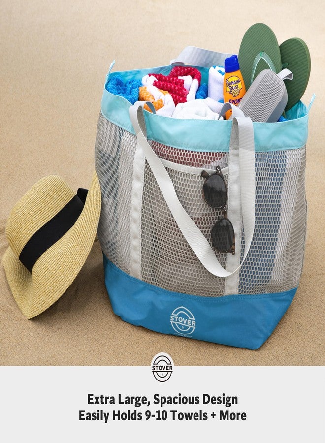 STOVER Large Mesh Beach Bag, Vacation, Pool, Shopping, & Travel Tote - Foldable w/Storage Pockets for Women, Men & Families, Blue, Large - Image 2