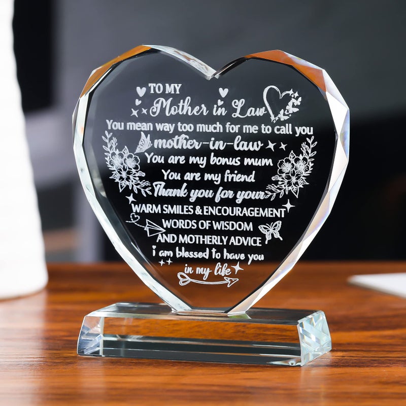 Movdyka Gifts for Mother in Law from Daughter in Law Love Gifts for Mother in Law Her Bithday Mothers Day Glass Heart Keepsake Plaque Ornaments Engraved Thank You for Motherinlaw