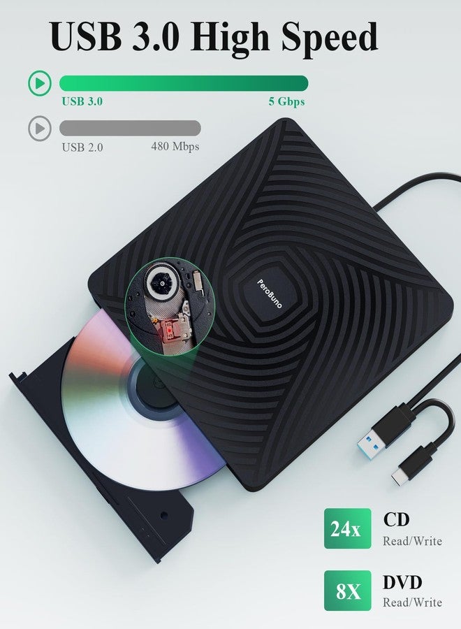 PeroBuno External CD/DVD Drive, USB 3.0 Type-C Optical Drive, 0.5" Ultra-thin Portable CD-ROM Player for Laptop PC Windows 11/10/8/7 Linux Mac OS - Image 4
