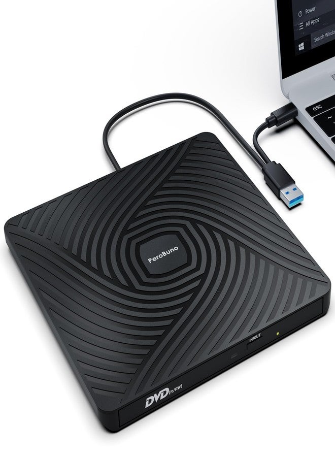 PeroBuno External CD/DVD Drive, USB 3.0 Type-C Optical Drive, 0.5" Ultra-thin Portable CD-ROM Player for Laptop PC Windows 11/10/8/7 Linux Mac OS - Image 1