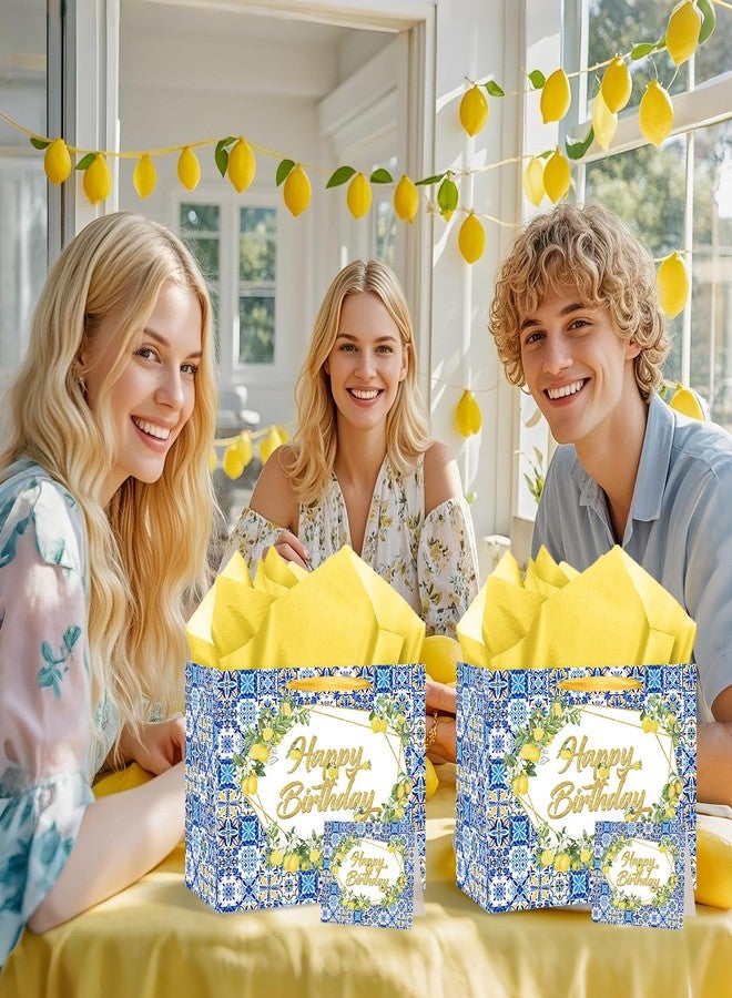 أكياس هدايا عيد ميلاد بنكهة ليمون كابري، أكياس تغليف هدايا زرقاء مزينة بورق مناديل وبطاقة تهنئة، ورق تغليف أصفر بنكهة ليمون سعيد مع مقبض، مثالية لحفلات أعياد الميلاد الصيفية بنكهة الليمون. - Image 5