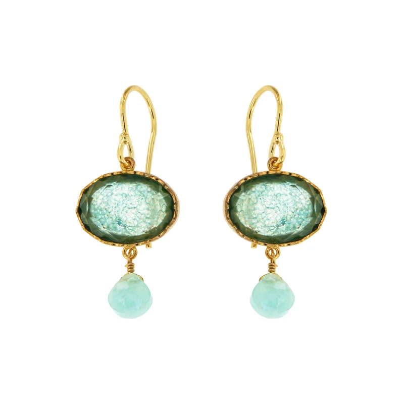 جواندلينا Silver Yellow Gold Plated Earrings with Semi Precious Stones: Light Green
