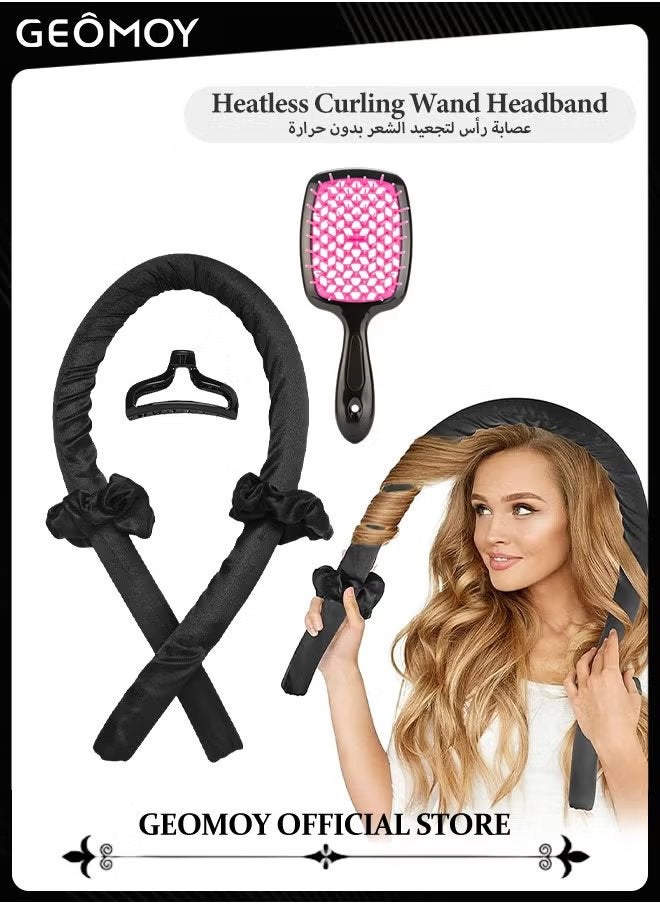 Geomoy Hair Curling Kit with Free Hollow out Massage Styling Comb Heatless Curling Rod Headband Lazy Hair Curler No Heat Silk Curlers SoftCurling Ribbon and Rods for Natural Wave Hair - Image 1