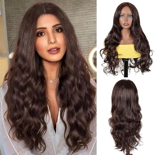 Creamily Brown Long Full Head Hair Wigs for Women,Natural Looking Curly Ladies Hair Wig with Middle Part Synthetic Wigs for Daily Use 24inch - Image 1