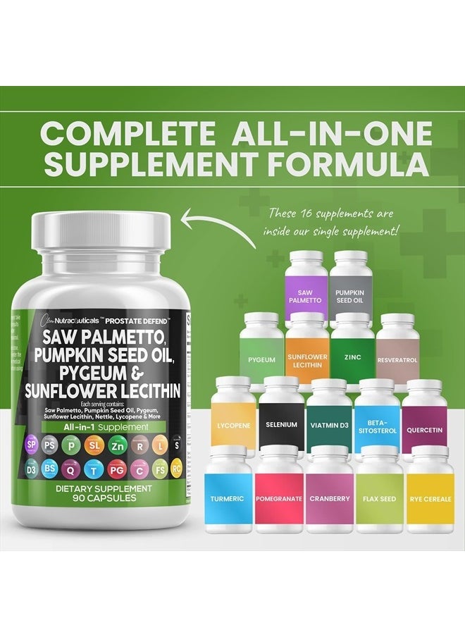Clean Nutraceuticals - زيت بذور اليقطين 10000 مجم من Saw Palmetto، 3000 مجم من Pygeum، 3000 مجم من Lecithin of Sunflower، 3000 مجم من نبات القراص، التوت البري - مكملات البروستات للرجال مع الليكوبين - 90 كبسولة - Image 1