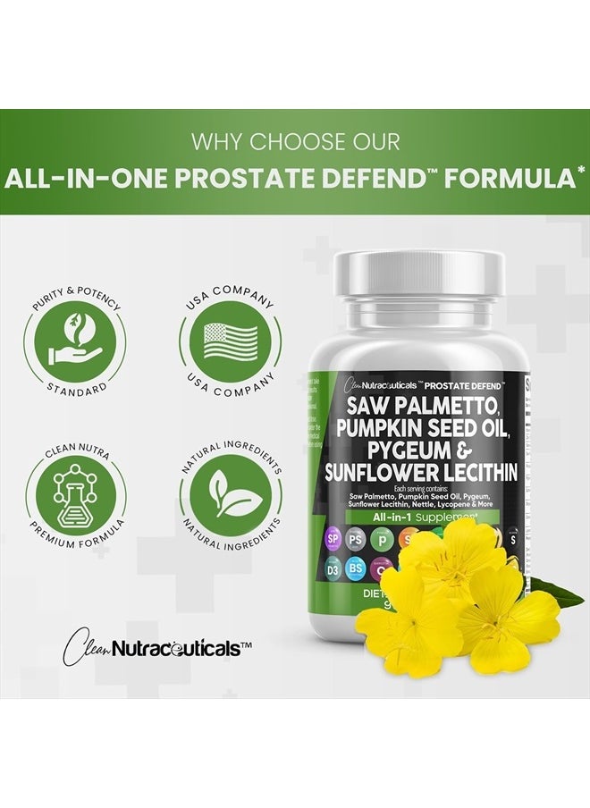 Clean Nutraceuticals - زيت بذور اليقطين 10000 مجم من Saw Palmetto، 3000 مجم من Pygeum، 3000 مجم من Lecithin of Sunflower، 3000 مجم من نبات القراص، التوت البري - مكملات البروستات للرجال مع الليكوبين - 90 كبسولة - Image 1