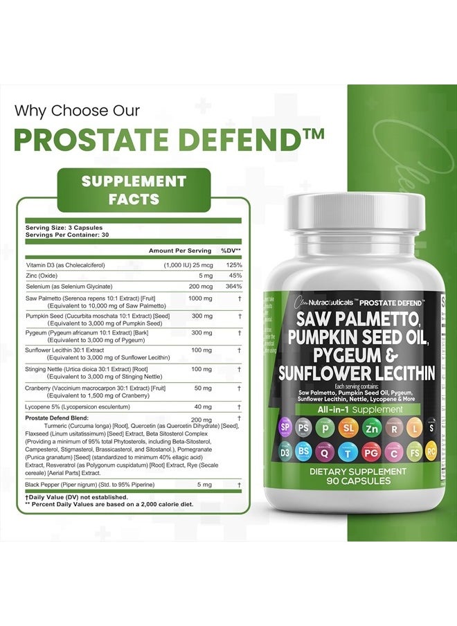 Clean Nutraceuticals - زيت بذور اليقطين 10000 مجم من Saw Palmetto، 3000 مجم من Pygeum، 3000 مجم من Lecithin of Sunflower، 3000 مجم من نبات القراص، التوت البري - مكملات البروستات للرجال مع الليكوبين - 90 كبسولة - Image 1
