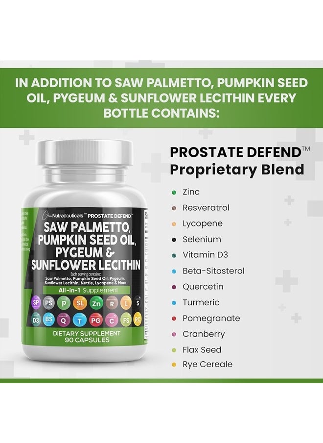 Clean Nutraceuticals - زيت بذور اليقطين 10000 مجم من Saw Palmetto، 3000 مجم من Pygeum، 3000 مجم من Lecithin of Sunflower، 3000 مجم من نبات القراص، التوت البري - مكملات البروستات للرجال مع الليكوبين - 90 كبسولة - Image 1