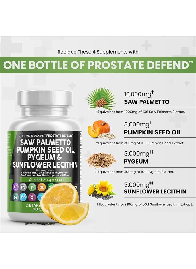 Clean Nutraceuticals - زيت بذور اليقطين 10000 مجم من Saw Palmetto، 3000 مجم من Pygeum، 3000 مجم من Lecithin of Sunflower، 3000 مجم من نبات القراص، التوت البري - مكملات البروستات للرجال مع الليكوبين - 90 كبسولة - Image 1