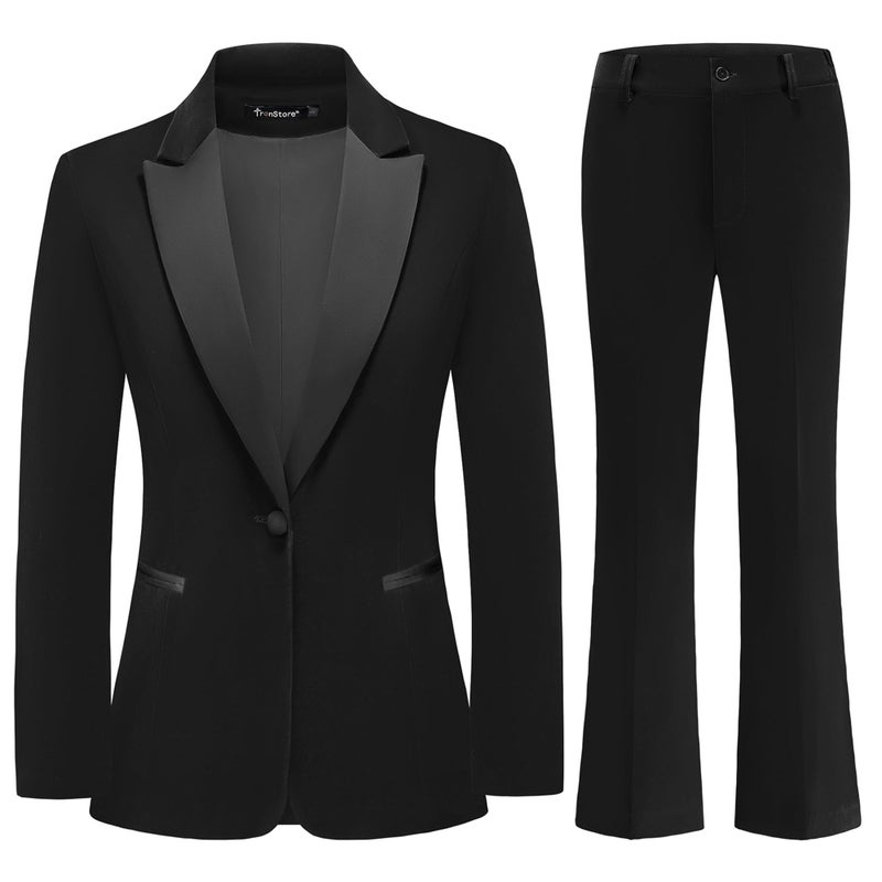 TRONSTORE Women's Velvet Suit 2 Piece Set Satin Peaked Lapel Blazer Outfits for Women Wedding Party Business-Black M - Image 1