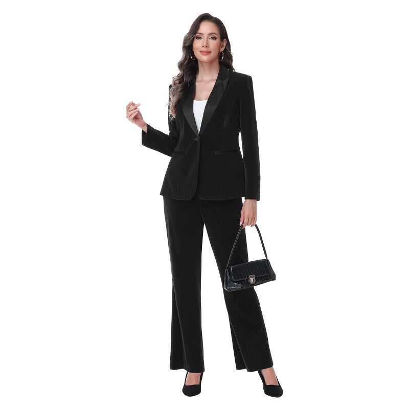 TRONSTORE Women's Velvet Suit 2 Piece Set Satin Peaked Lapel Blazer Outfits for Women Wedding Party Business-Black M - Image 5