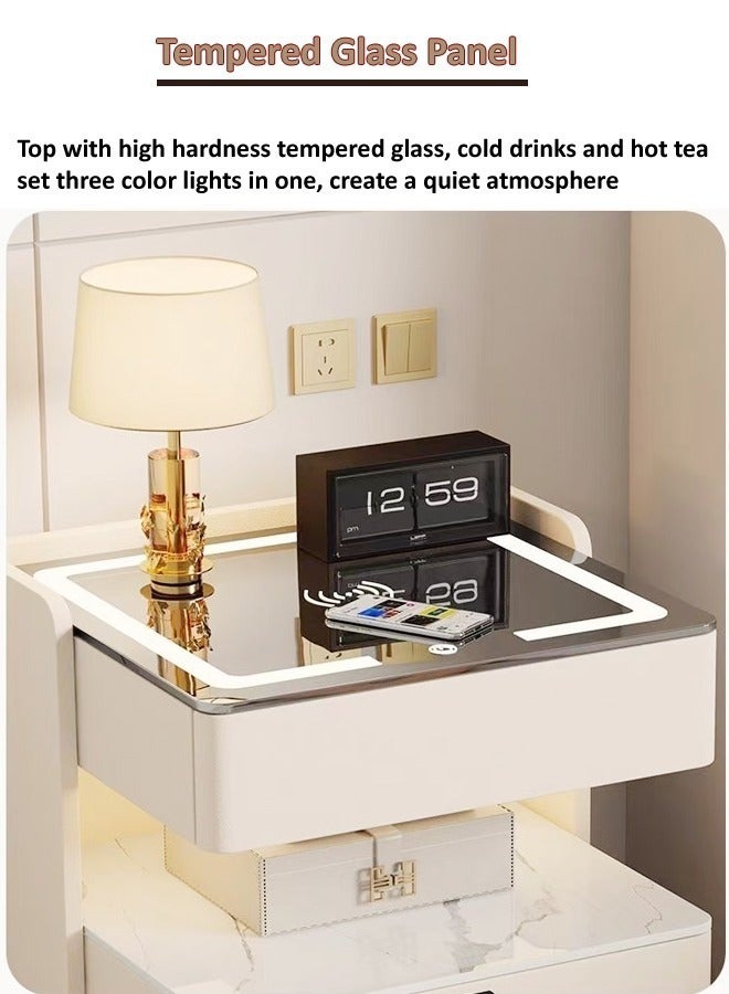 Multifunction Smart Wireless Charging Nightstand Intelligent Design Light Side Table Coffee Table Tempered Glass Tabletop Bedside Table with 3 Storage Drawers and Open Shelves for Bedroom Living Room 50x40x58 cm (Fully Assembled)