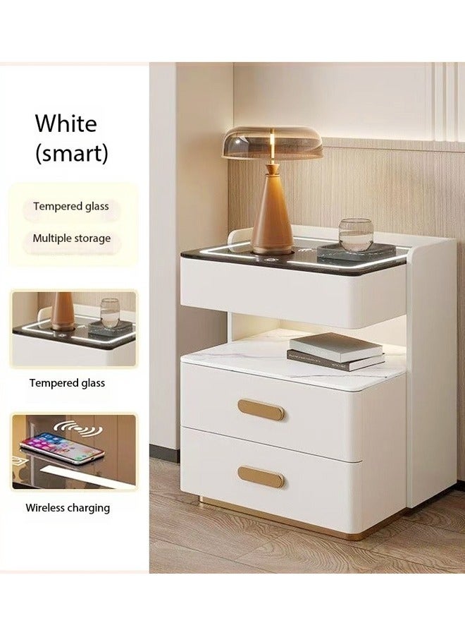 Multifunction Smart Wireless Charging Nightstand Intelligent Design Light Side Table Coffee Table Tempered Glass Tabletop Bedside Table with 3 Storage Drawers and Open Shelves for Bedroom Living Room 50x40x58 cm (Fully Assembled)