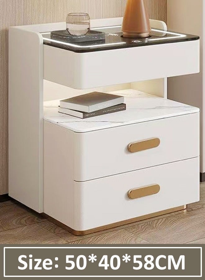 Multifunction Smart Wireless Charging Nightstand Intelligent Design Light Side Table Coffee Table Tempered Glass Tabletop Bedside Table with 3 Storage Drawers and Open Shelves for Bedroom Living Room 50x40x58 cm (Fully Assembled)