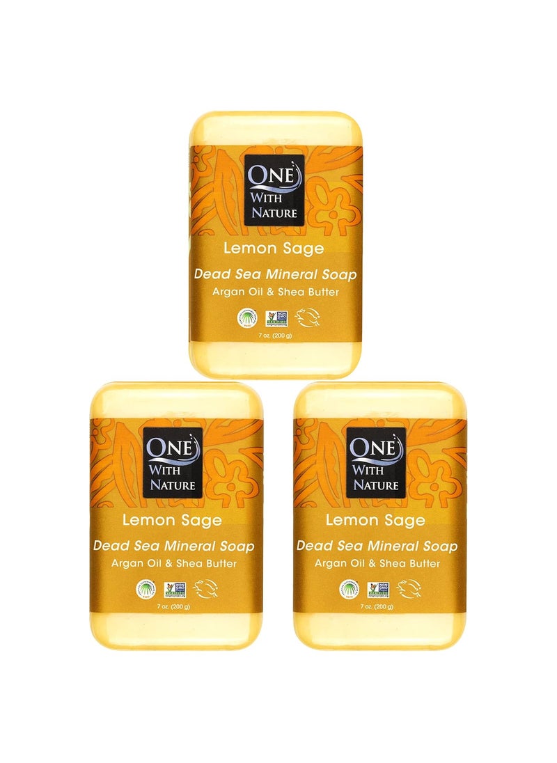 ONE WITH NATURE One With Nature Dead Sea Mineral Salt Lemon Sage 7oz Soap 3Pk Argan Oil  Shea Butter  Dead Sea Salt Contains Magnesium Sulfur  21 Essential Minerals  All Skin Types Acne Psoriasis Eczema 