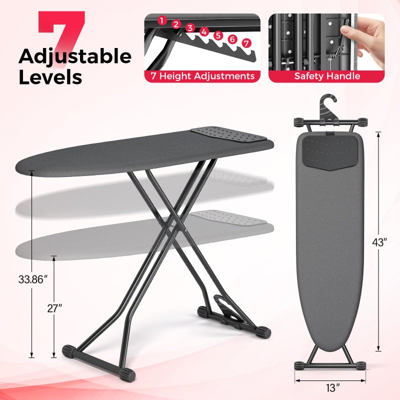 APEXCHASER Ironing Board, Compact Iron Board with Silicon Mat, Foldable Ironing Board with Heat Resistant Cover, 7 Height Adjustable, Space Saver Iron Board,13x43 Black - Image 2
