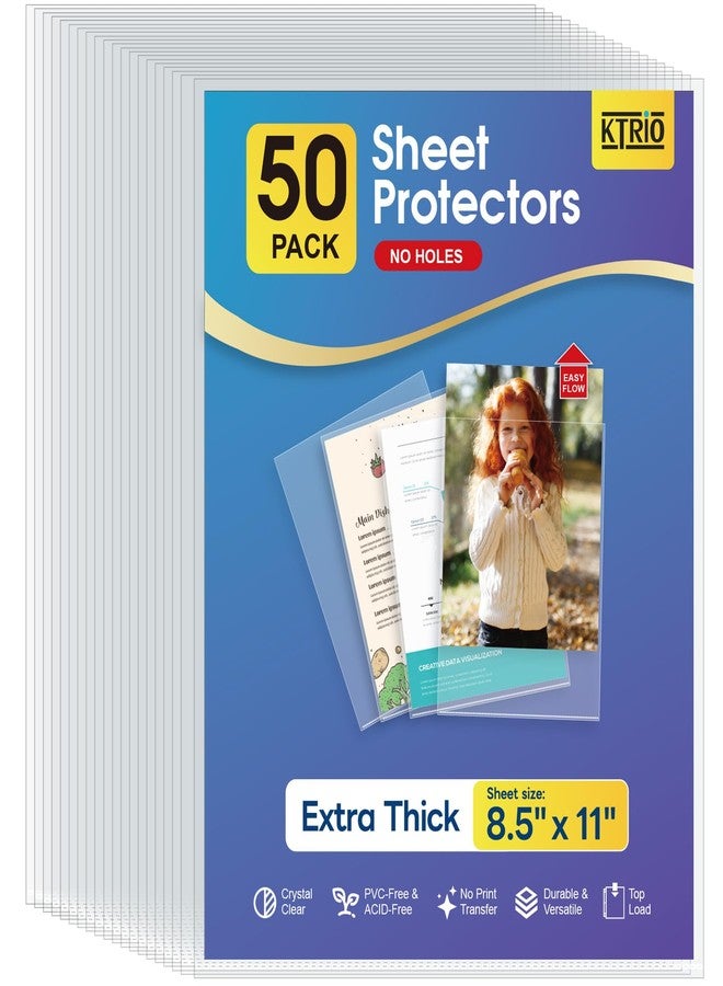 KTRIO No Holes Sheet Protectors 8.5 x 11 Inch Heavy Duty Clear Page Protectors, Plastic Paper Document Sleeves, Letter Size, Top Loading, Acid Free, 50 Pack - Image 1