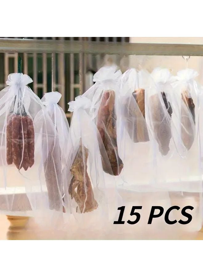 15 Pieces Drawstring Mesh Bags Breathable Fly Bird Proof Hanging Meat Drying Bags - Image 1