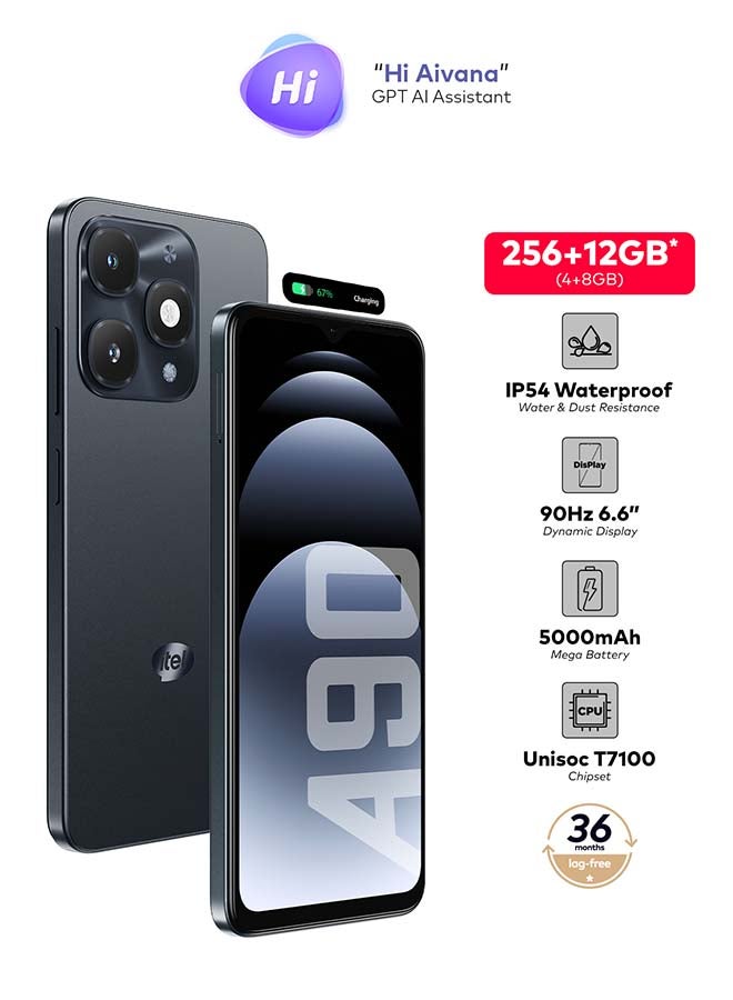إيتيل A90 ثنائي الشريحة أسود متلألئ 4+8 جيجابايت رام 256 جيجابايت 4G - نسخة الشرق الأوسط - Image 2