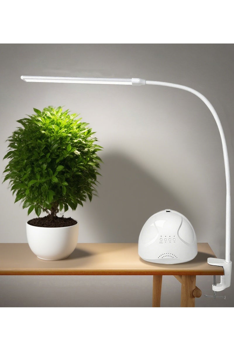 مصباح مكتب LED بذراع مرن 70 سم مع مشبك - 3 ألوان ضوئية، 10 مستويات سطوع، منفذ USB وقابس بريطاني للمكتب والدراسة (أبيض)