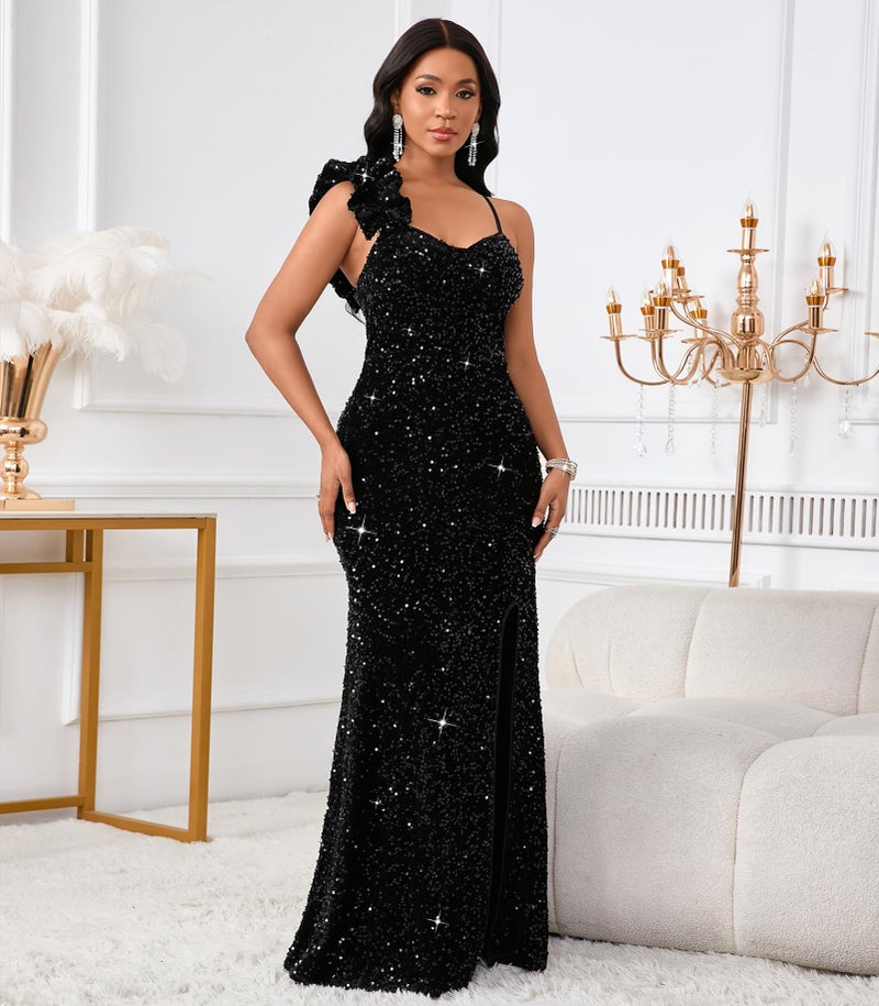 Cololura Women Elegant Sexy Sequin High Split Ruffled Hem Bodycon Mermaid Party Cocktail Formal Evening Gowns Maxi Dress - Image 4