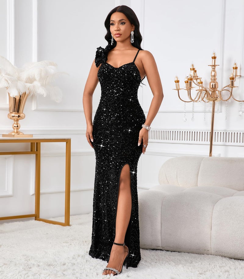 Cololura Women Elegant Sexy Sequin High Split Ruffled Hem Bodycon Mermaid Party Cocktail Formal Evening Gowns Maxi Dress - Image 5