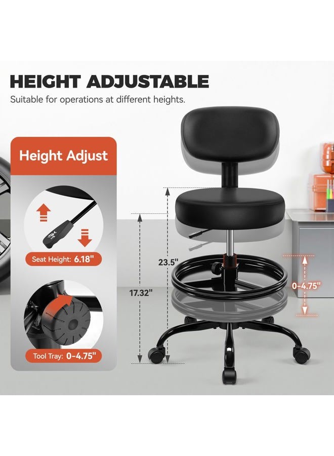 BestGlory Shop Stool with Wheels for Garage, Mechanics Rolling Chair with Backrest, Adjustable Height Heavy Duty Garage Stool with Footrest and Storage Tray, Swivel Task Chair for Workshop Kitchen Salon - Image 2