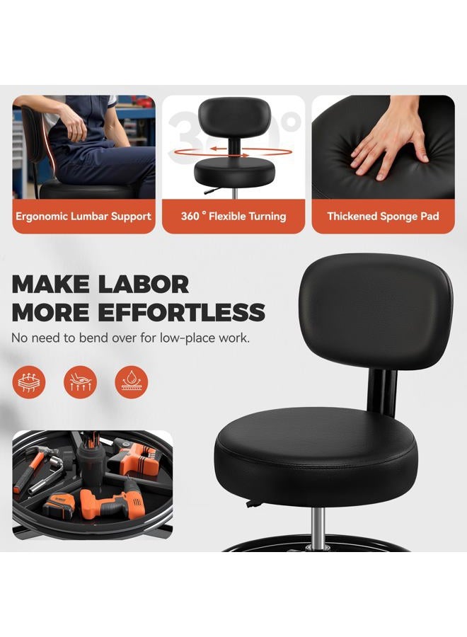 BestGlory Shop Stool with Wheels for Garage, Mechanics Rolling Chair with Backrest, Adjustable Height Heavy Duty Garage Stool with Footrest and Storage Tray, Swivel Task Chair for Workshop Kitchen Salon - Image 5