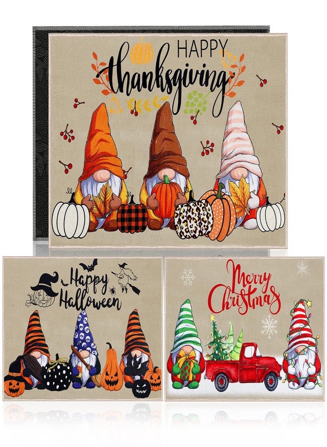 Suttmin 3 Pcs Thanksgiving Front Door Mat 24 x 16 Inch Christmas Welcome Gnome Door Mats for Thanksgiving Fall Halloween Non Slip Rubber Gnome Mats for Indoor Outdoor Entrance - Image 1
