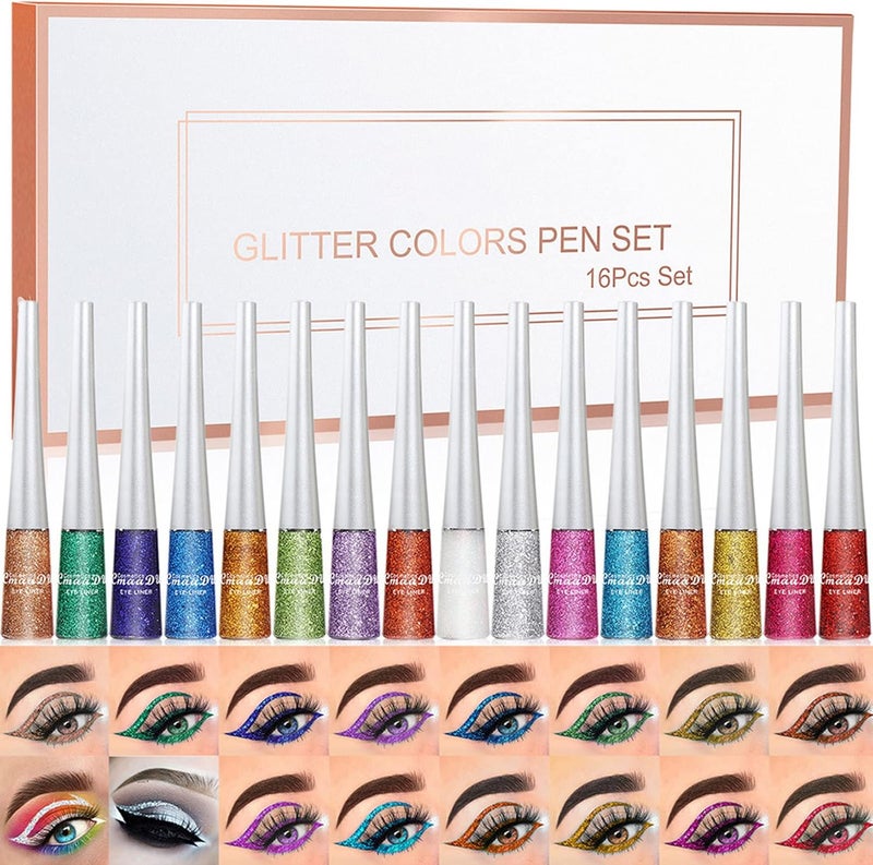 16 Colours Glitter Eyeliner Waterproof Long Lasting Liquid Liner for Wedding Party Cosplay Gifts