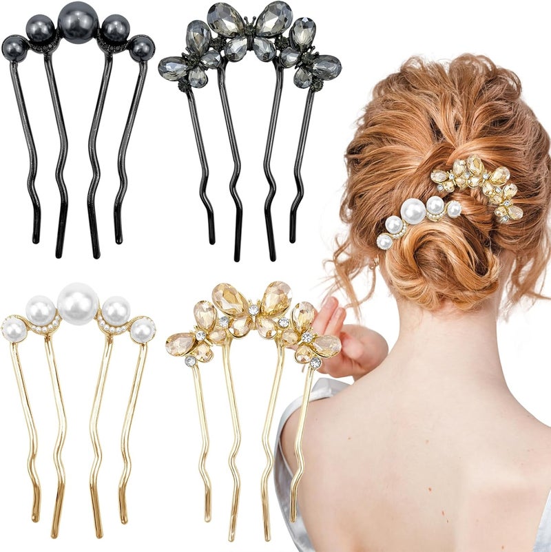 4PCS U Shaped Metal Hair Fork ClipsSparkly Crystals Butterfly FlowerFrench Pearl Elegant Hair Prong Styling Pins for Girls Hair Styling Accessories for Bridal Braided Curly hair Wedding Daily