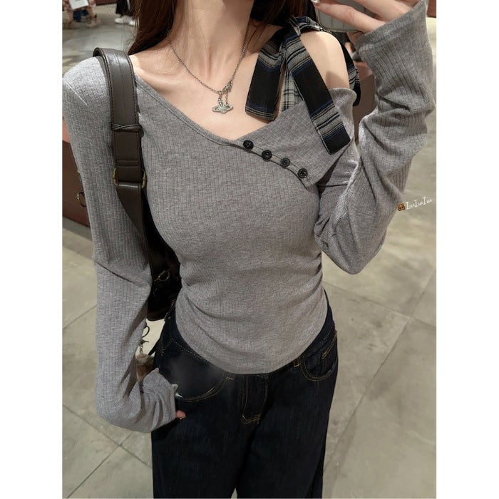 [Original Thread Drawing Method] Design Bow Tie Long Sleeve T-Shirt Womens Irregular Shoulder Gray