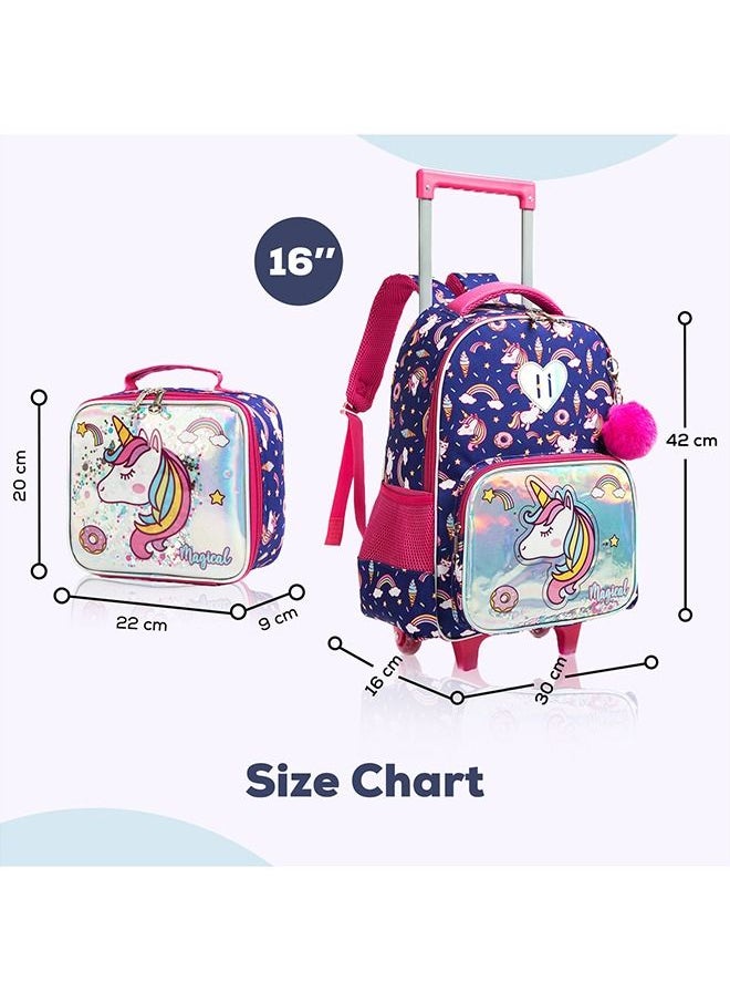 Eazy Kids - Set Of 3 16 Inches Trolley School Bag, Lunch Bag And Pencil Case - Unicorn Chrome - Blue - Image 1