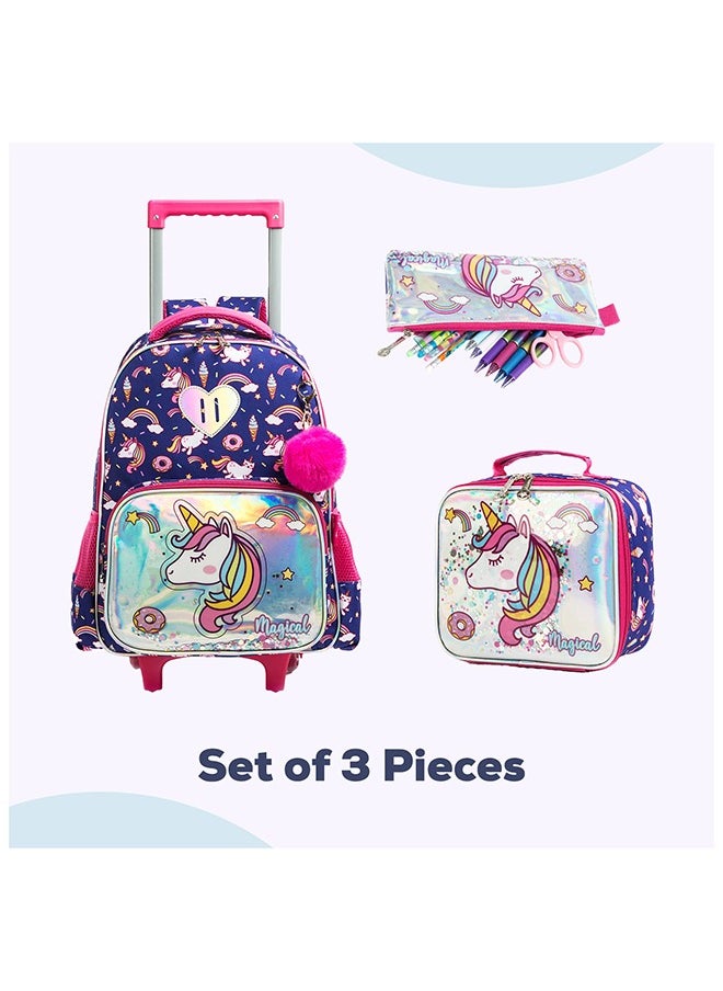 Eazy Kids - Set Of 3 16 Inches Trolley School Bag, Lunch Bag And Pencil Case - Unicorn Chrome - Blue - Image 1
