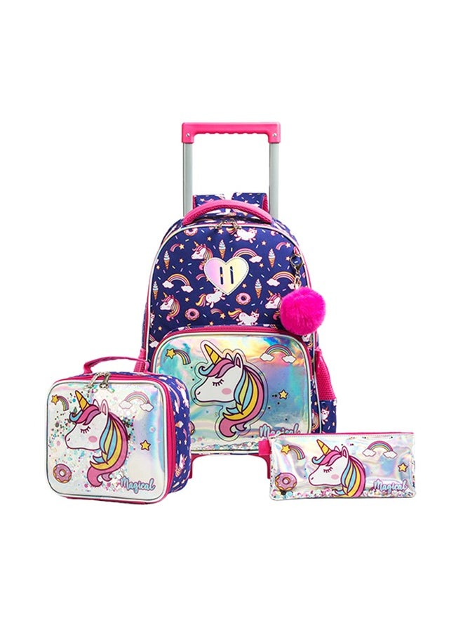 Eazy Kids Set Of 3 16 Inches Trolley School Bag, Lunch Bag And Pencil Case - Unicorn Chrome - Blue  - Image 1