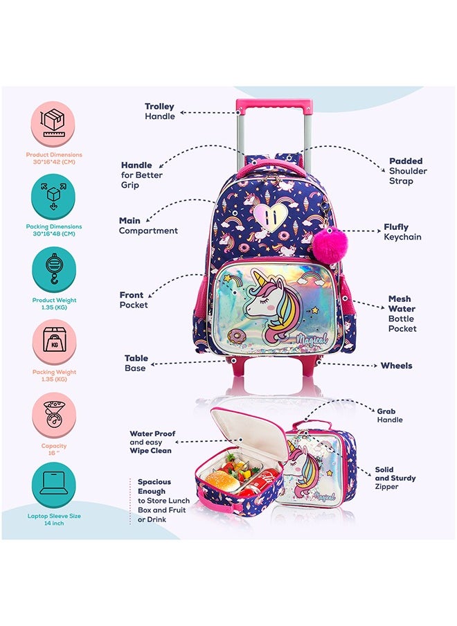 Eazy Kids Set Of 3 16 Inches Trolley School Bag, Lunch Bag And Pencil Case - Unicorn Chrome - Blue  - Image 3