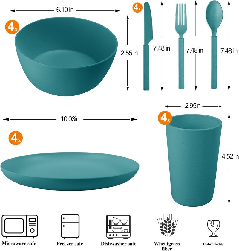 afcevnlb 24pcs Wheat Straw Dinnerware Sets Wheat Straw Plates and Bowls Sets for 4 Microwave Dishwasher Safe Lightweight Green - Image 2