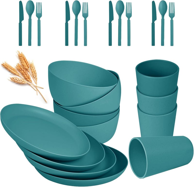 afcevnlb 24pcs Wheat Straw Dinnerware Sets Wheat Straw Plates and Bowls Sets for 4 Microwave Dishwasher Safe Lightweight Green - Image 1