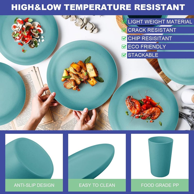 afcevnlb 24pcs Wheat Straw Dinnerware Sets Wheat Straw Plates and Bowls Sets for 4 Microwave Dishwasher Safe Lightweight Green - Image 3