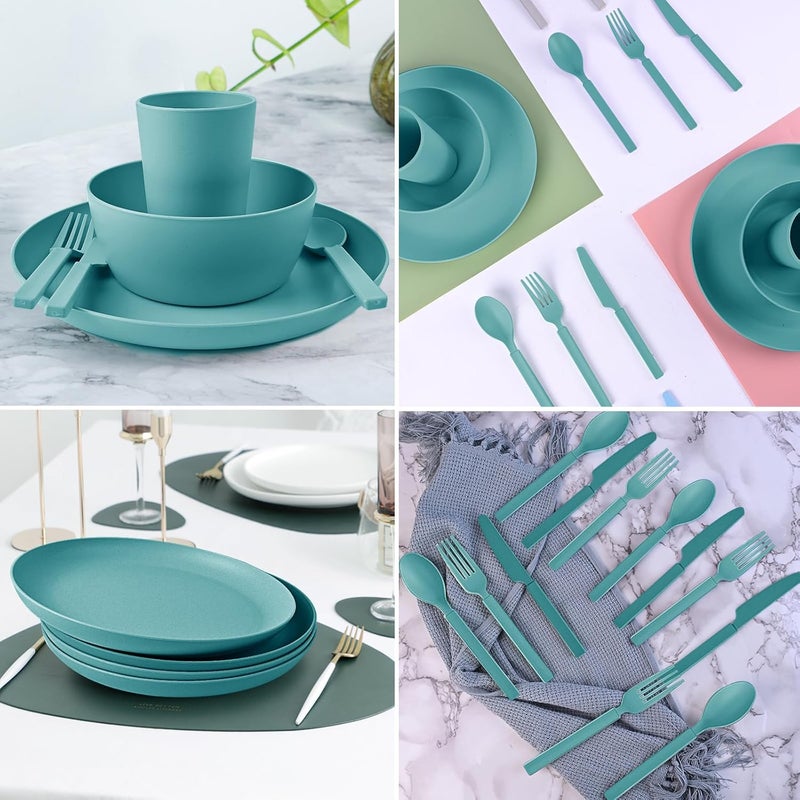 afcevnlb 24pcs Wheat Straw Dinnerware Sets Wheat Straw Plates and Bowls Sets for 4 Microwave Dishwasher Safe Lightweight Green - Image 5