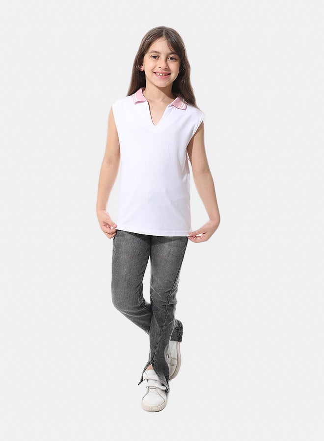 Andora Cut Sleeves with Turned Down Collar Polo Shirt_White - Image 4