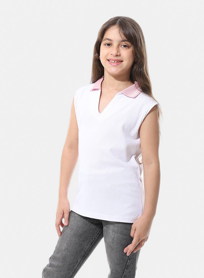 Andora Cut Sleeves with Turned Down Collar Polo Shirt_White - Image 1