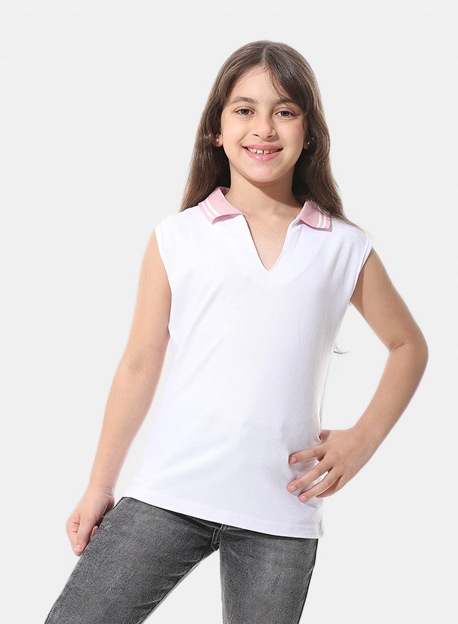 Andora Cut Sleeves with Turned Down Collar Polo Shirt_White - Image 2