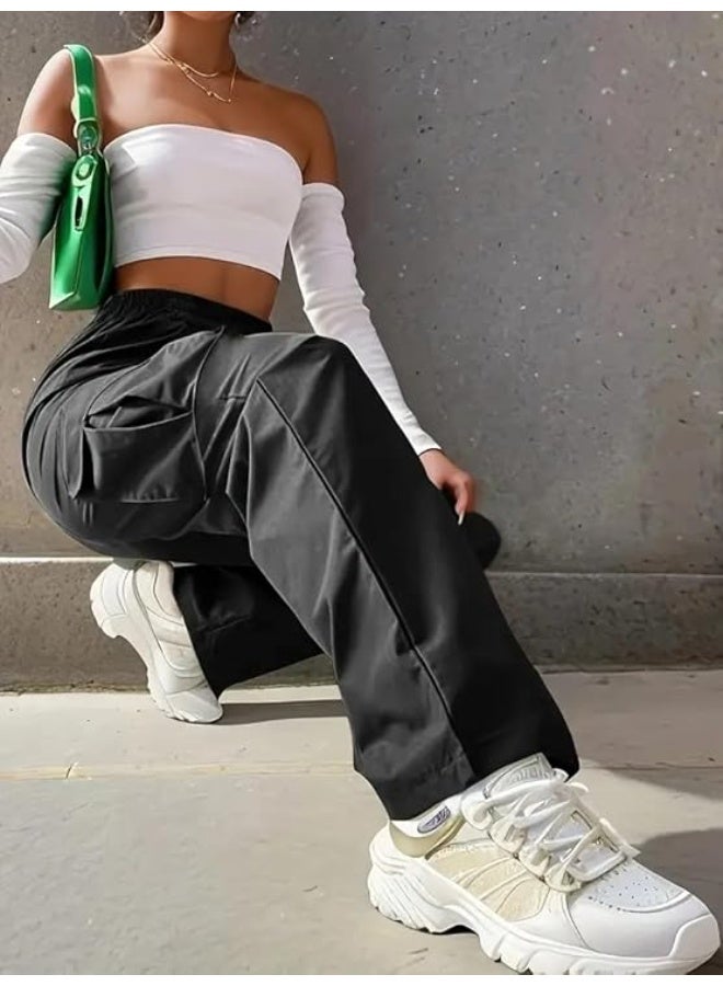 leriya fashion بنطلون كارجو نسائي من ليريا فاشن، مصنوع من البوليستر والليكرا، بخصر عالٍ وقصة واسعة وأرجل فضفاضة، بخصر مطاطي، مناسب للنساء، متعدد الجيوب، بتصميم عصري مستوحى من ملابس الشارع، مثالي للفتيات، والسفر، والرياضة | أسود | مقاس 34 - Image 4