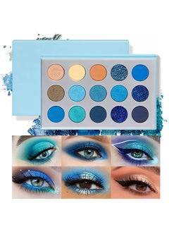 Blue Eyeshadow Palette, 15 Colors Eye Shadow Pallete Sets Highly Pigmented Matte Glitter Colorful Long Lasting Blendable Nude Silver Grey Glitter Metallic Navy Dark Light Blue Makeup Pallet For Women