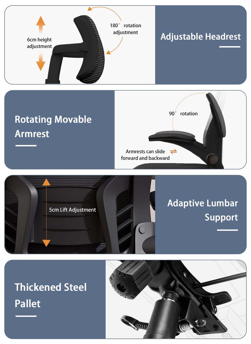 Ergonomic Office Chair With Rotating Arms, 2-Way Lumbar Support, Depth Adjustable Seat, PU Headrest, Height Adjustable Backrest, High Back Computer Desk Chair