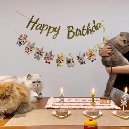 YUNSHANGMO Happy Birthday Cat Banner Garland Funny Decor Cat Face Bday Party Bunting Decorations Gold Sign - Image 5