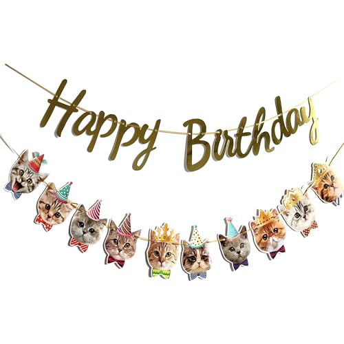 YUNSHANGMO Happy Birthday Cat Banner Garland Funny Decor Cat Face Bday Party Bunting Decorations Gold Sign - Image 2